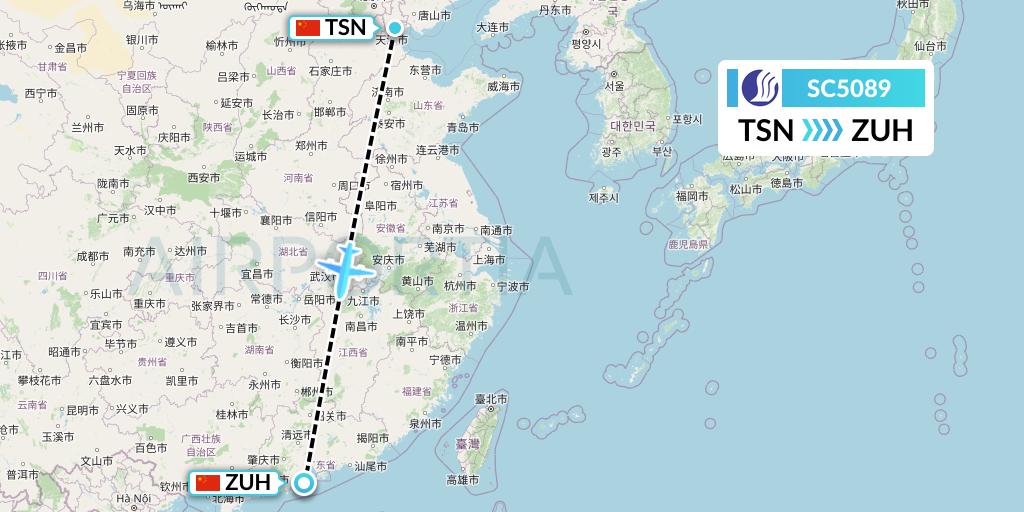 SC5089 Shandong Airlines Flight Map: Tianjin to Zhuhai
