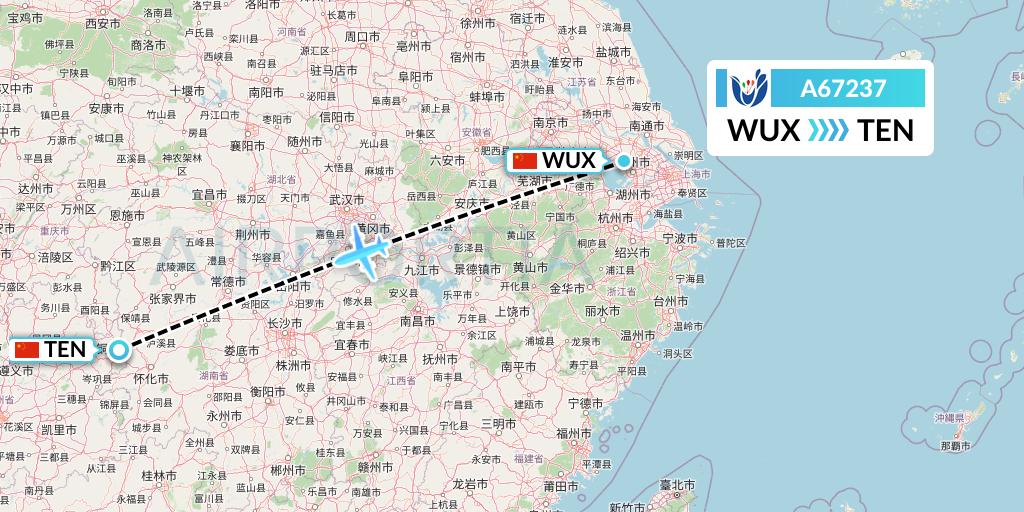 A67237 Hongtu Airlines Flight Map: Wuxi to Tongren