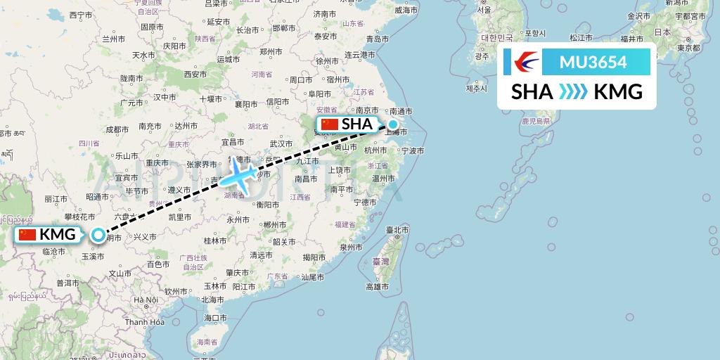 MU3654 China Eastern Airlines Flight Map: Shanghai to Kunming