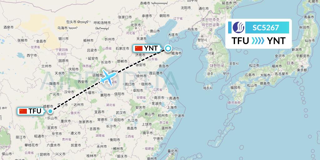 SC5267 Shandong Airlines Flight Map: Chengdu to Yantai