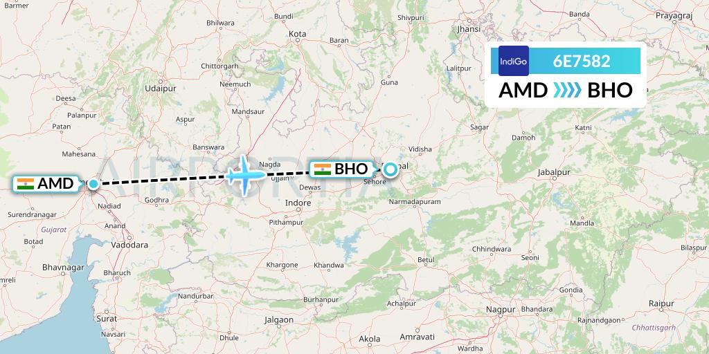 6E7582 IndiGo Airlines Flight Map: Ahmedabad to Bhopal