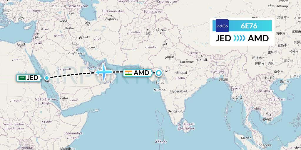 6E76 IndiGo Airlines Flight Map: Jeddah to Ahmedabad