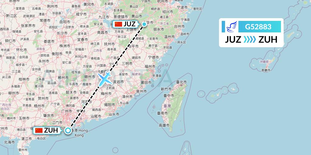 G52883 China Express Airlines Flight Map: Quzhou to Zhuhai