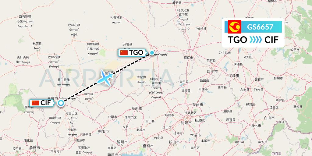 GS6657 Tianjin Airlines Flight Map: Tongliao to Chifeng