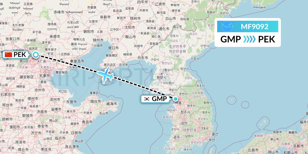 MF9092 Xiamen Airlines Flight Map: Seoul to Beijing