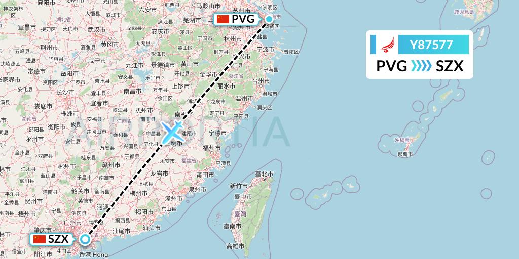 Y87577 Yangtze River Express Flight Map: Shanghai to Shenzhen