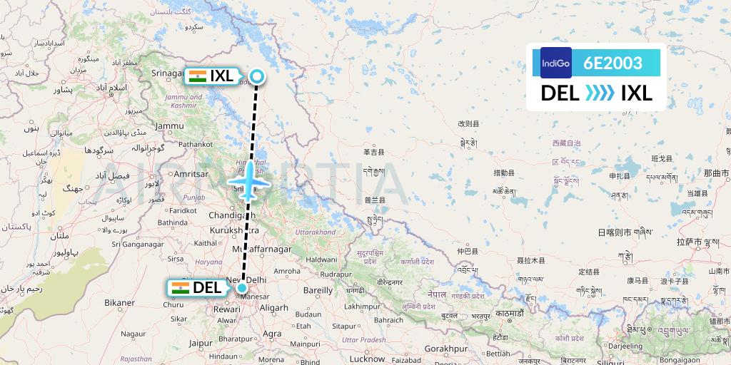 6E2003 IndiGo Airlines Flight Map: Delhi to Leh