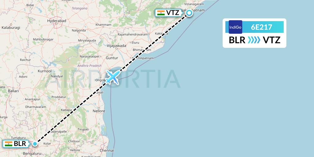 6E217 IndiGo Airlines Flight Map: Bangalore to Visakhapatnam
