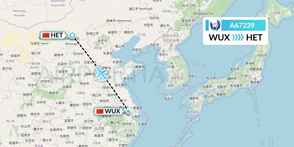 A67239 Hongtu Airlines Flight Map: Wuxi to Hohhot