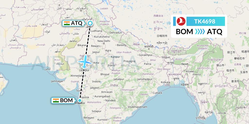 TK4698 Turkish Airlines Flight Map: Mumbai to Amritsar