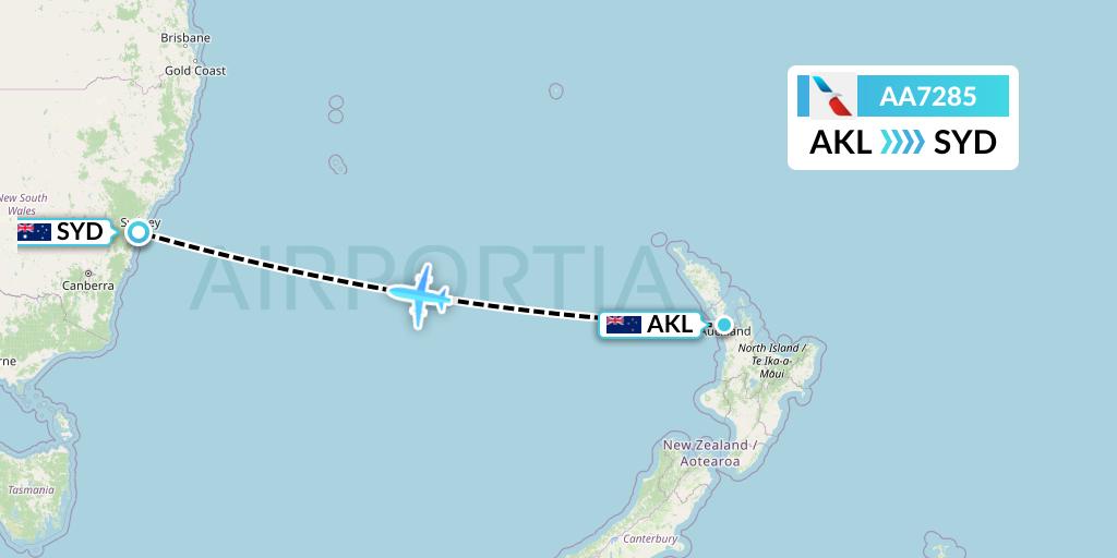 AA7285 American Airlines Flight Map: Auckland to Sydney