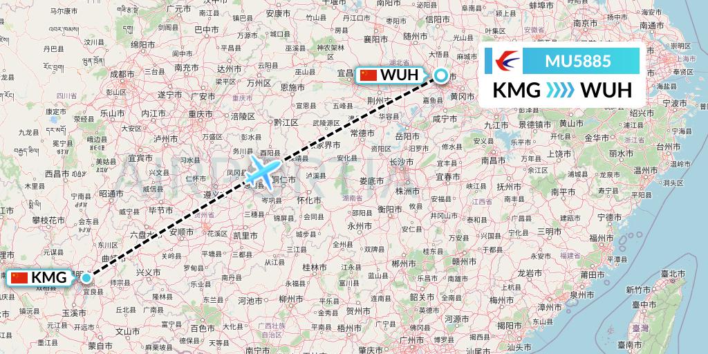 MU5885 China Eastern Airlines Flight Map: Kunming to Wuhan