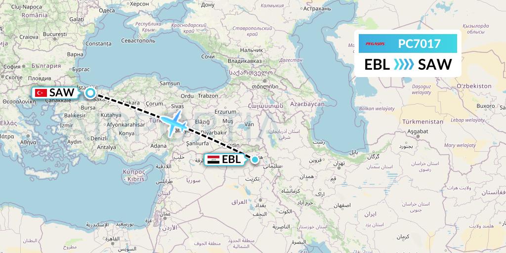 PC7017 Pegasus Airlines Flight Map: Arbil to Istanbul