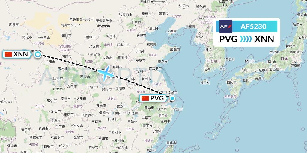 AF5230 Air France Flight Map: Shanghai to Xining