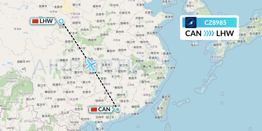 CZ8985 China Southern Airlines Flight Map: Guangzhou to Lanzhou