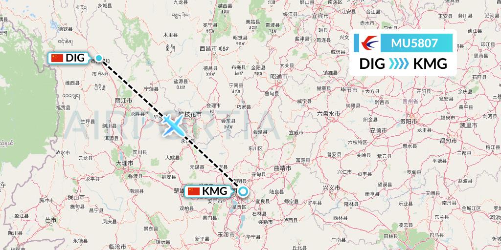 MU5807 China Eastern Airlines Flight Map: Shangri-La to Kunming
