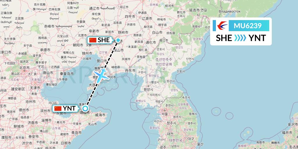 MU6239 China Eastern Airlines Flight Map: Shenyang to Yantai