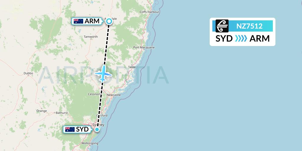 NZ7512 Air New Zealand Flight Map: Sydney to Armidale