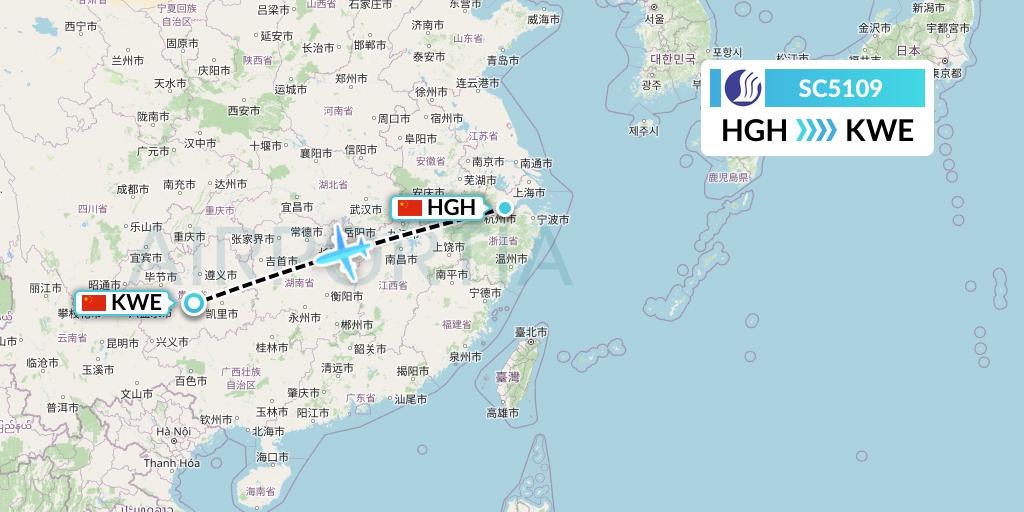 SC5109 Shandong Airlines Flight Map: Hangzhou to Guiyang