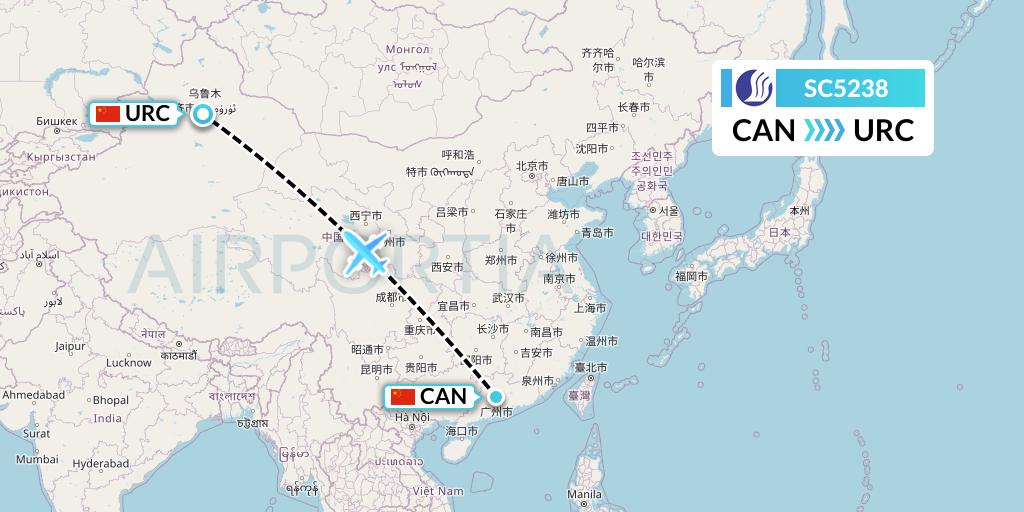 SC5238 Shandong Airlines Flight Map: Guangzhou to Urumqi