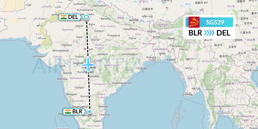 SG529 SpiceJet Flight Map: Bangalore to Delhi