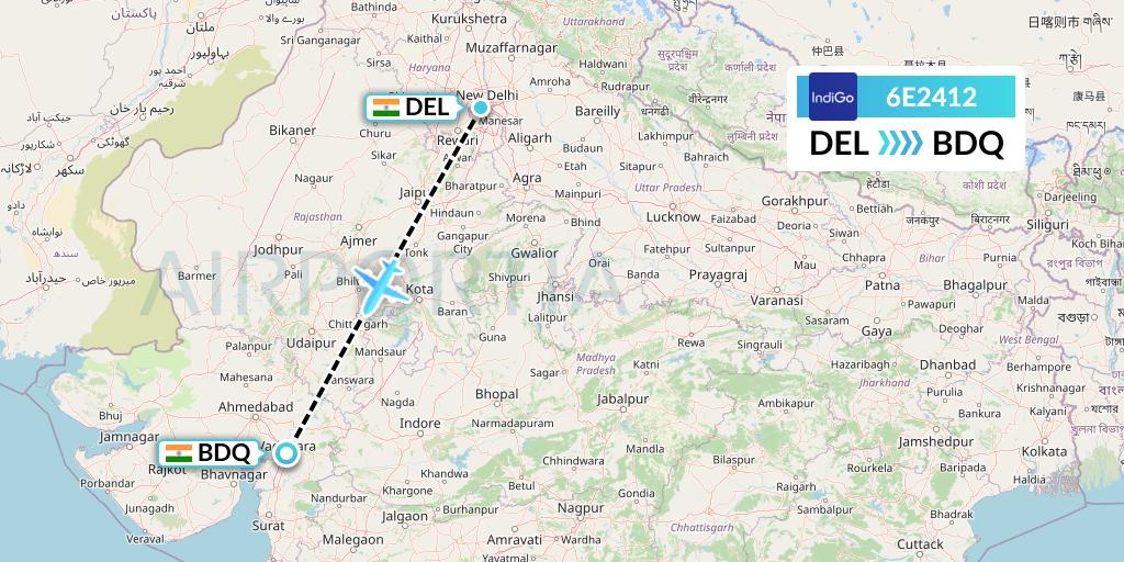 6E2412 IndiGo Airlines Flight Map: Delhi to Vadodara