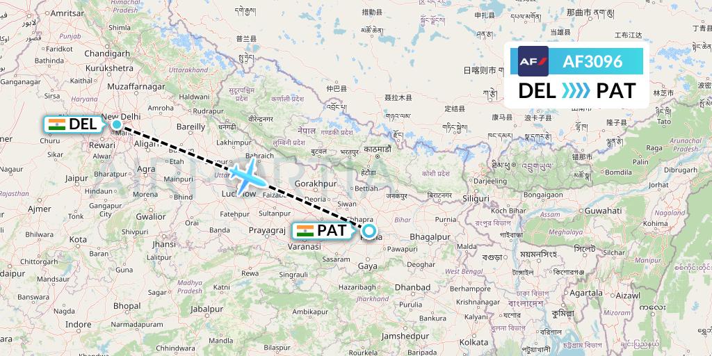 AF3096 Air France Flight Map: Delhi to Patna
