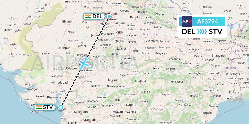 AF3794 Air France Flight Map: Delhi to Surat