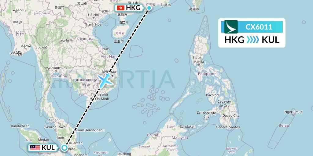 CX6011 Cathay Pacific Flight Map: Hong Kong to Kuala Lumpur