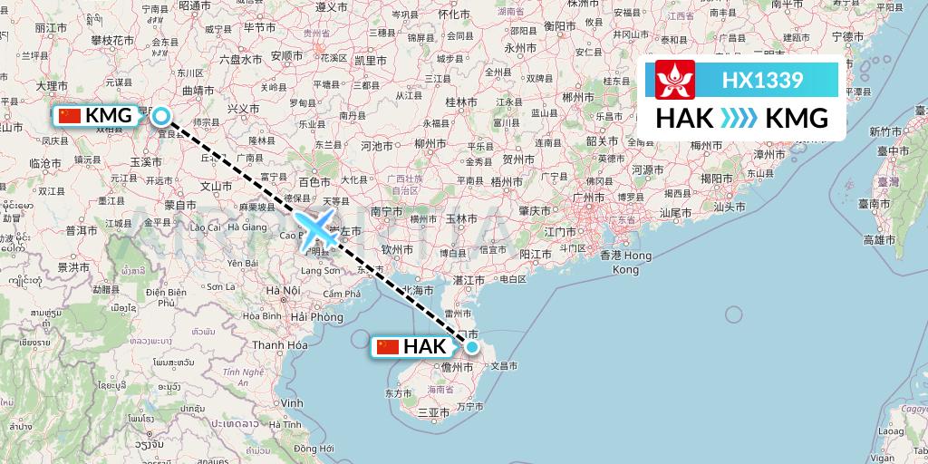 HX1339 Hong Kong Airlines Flight Map: Haikou to Kunming