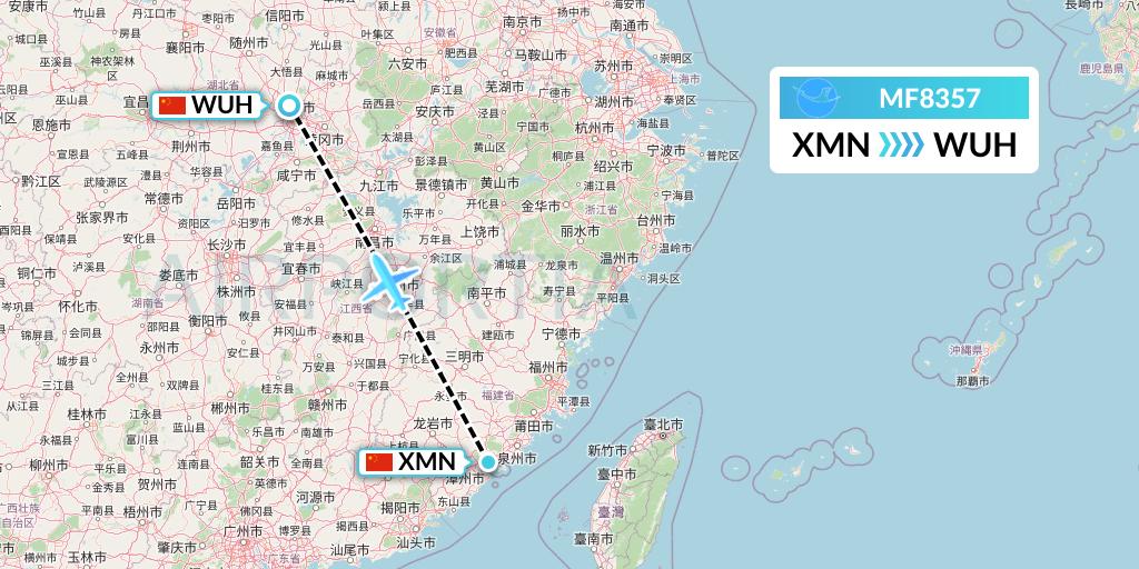 MF8357 Xiamen Airlines Flight Map: Xiamen to Wuhan