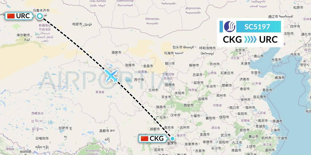 SC5197 Shandong Airlines Flight Map: Chongqing to Urumqi