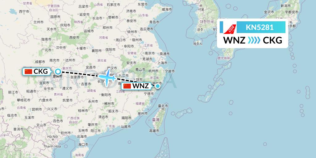 KN5281 China United Airlines Flight Map: Wenzhou to Chongqing