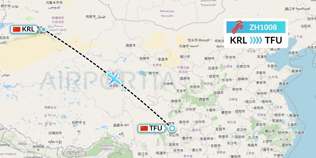 ZH1008 Shenzhen Airlines Flight Map: Korla to Chengdu