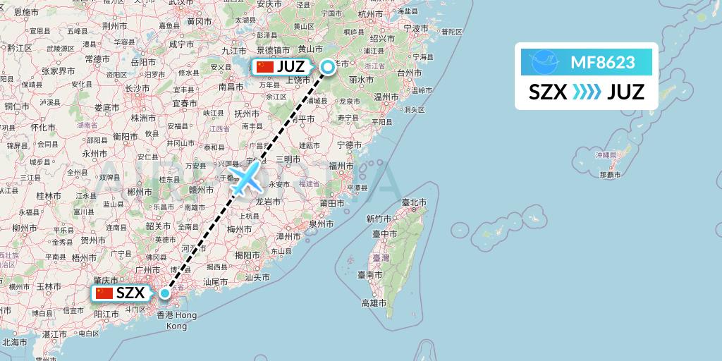 MF8623 Xiamen Airlines Flight Map: Shenzhen to Quzhou