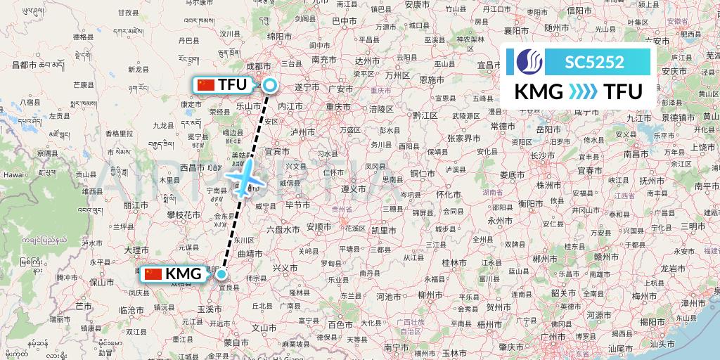 SC5252 Shandong Airlines Flight Map: Kunming to Chengdu