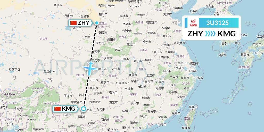 3U3125 Sichuan Airlines Flight Map: Zhongwei to Kunming