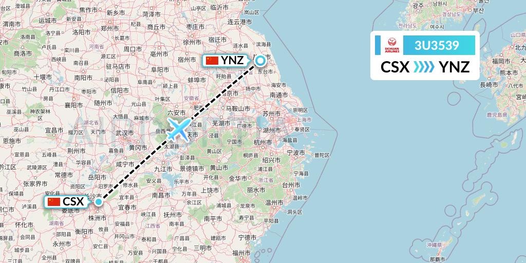 3U3539 Sichuan Airlines Flight Map: Changsha to Yancheng