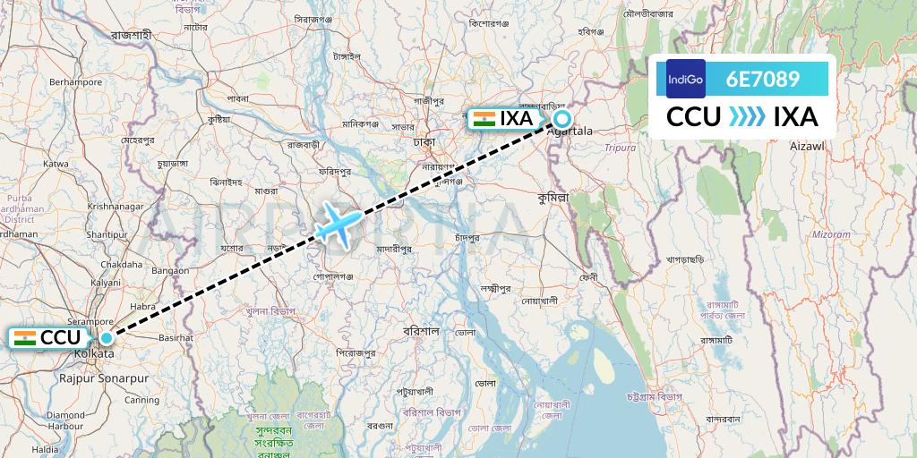 6E7089 IndiGo Airlines Flight Map: Kolkata to Agartala