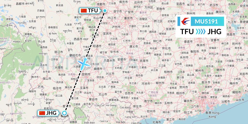 MU5191 China Eastern Airlines Flight Map: Chengdu to Jinghong