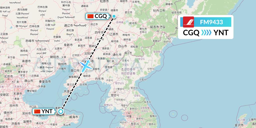 FM9433 Shanghai Airlines Flight Map: Changchun to Yantai
