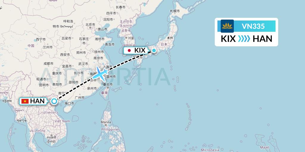 VN335 Vietnam Airlines Flight Map: Osaka to Hanoi