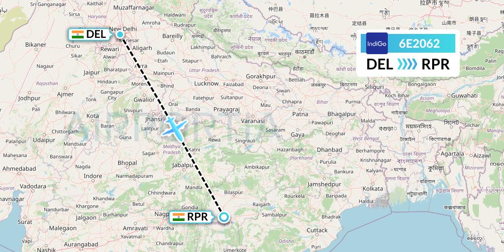 6E2062 IndiGo Airlines Flight Map: Delhi to Raipur