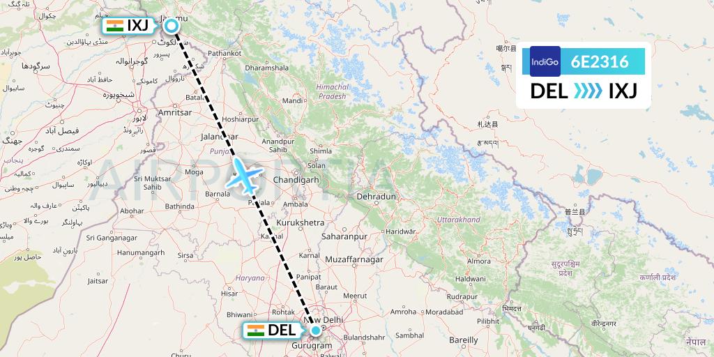 6E2316 IndiGo Airlines Flight Map: Delhi to Jammu