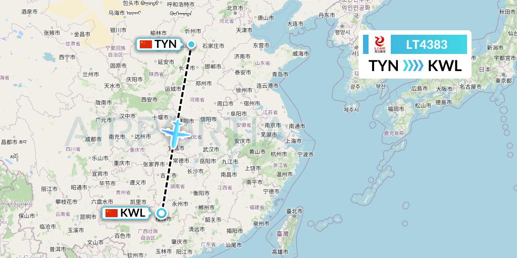 LT4383 LongJiang Airlines Flight Map: Taiyuan to Guilin