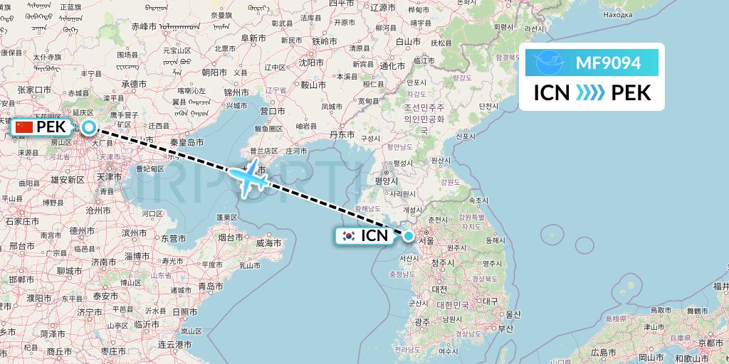 MF9094 Xiamen Airlines Flight Map: Seoul to Beijing