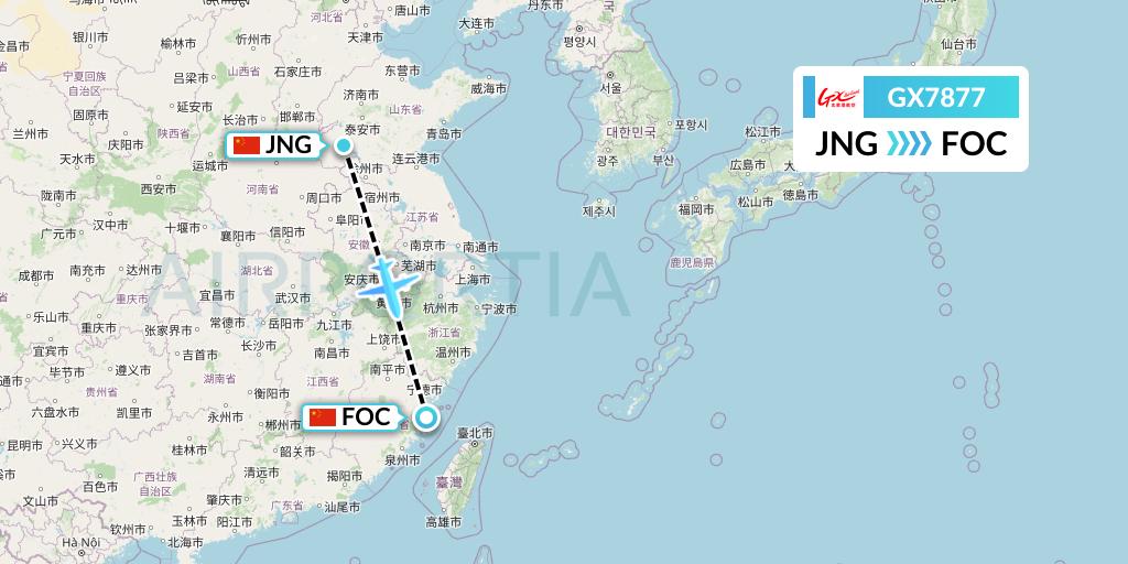 GX7877 GX Airlines Flight Map: Jining to Fuzhou