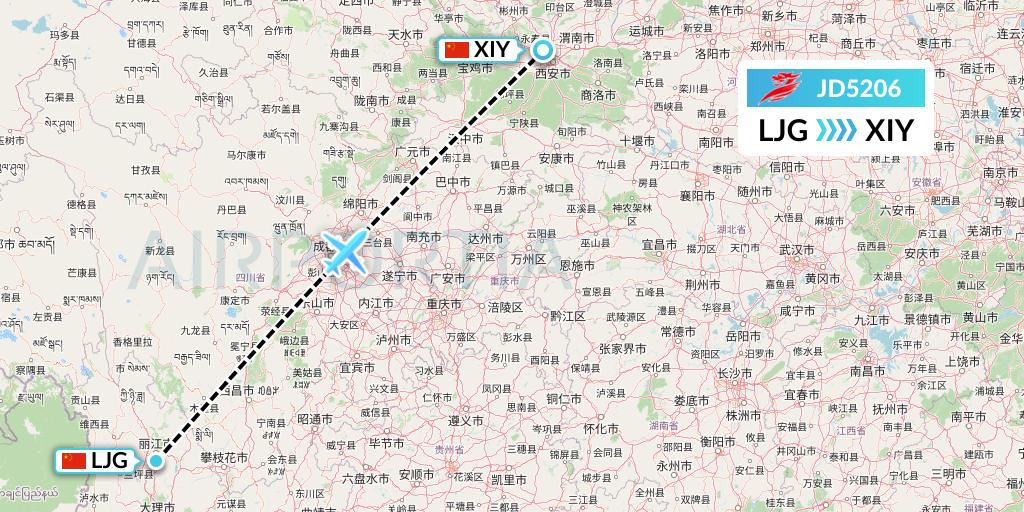 JD5206 Capital Airlines Flight Map: Lijiang to Xi'an