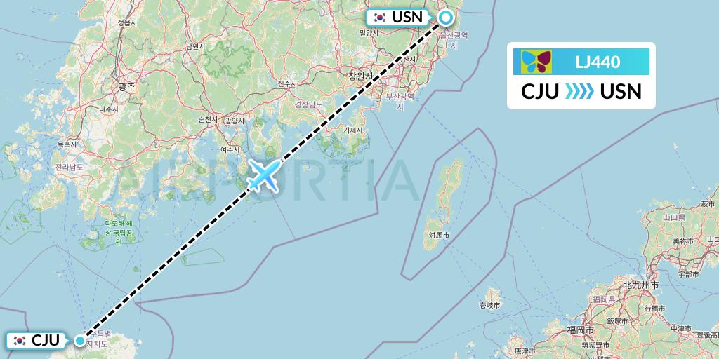 LJ440 Jin Air Flight Map: Jeju to Ulsan