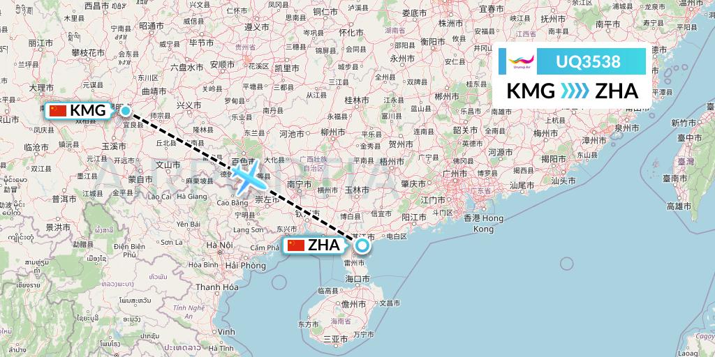 UQ3538 Urumqi Airlines Flight Map: Kunming to Zhanjiang